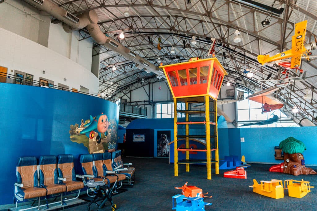 An air control tower play structure for kids to climb at Frontiers of Flight Museum in Dallas.