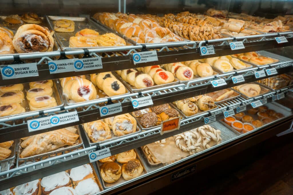 A display of European pastries at Naegelin's Bakery in New Braunfels, Texas—the oldest bakery in Texas!