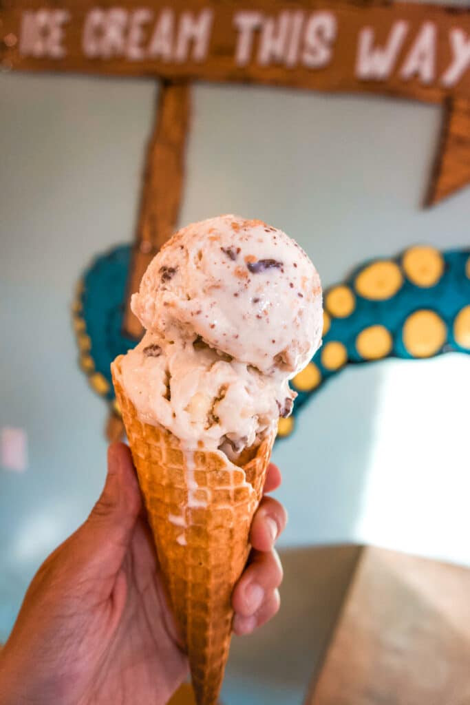 Two scoops of ice cream on a waffle cone at Rhea's Ice Cream in New Braunfels, Texas.