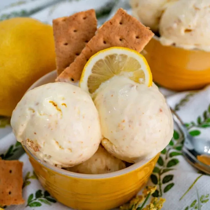 Two scoops of Lemon Pie Ice Cream with graham crackers and a lemon wedge on top.