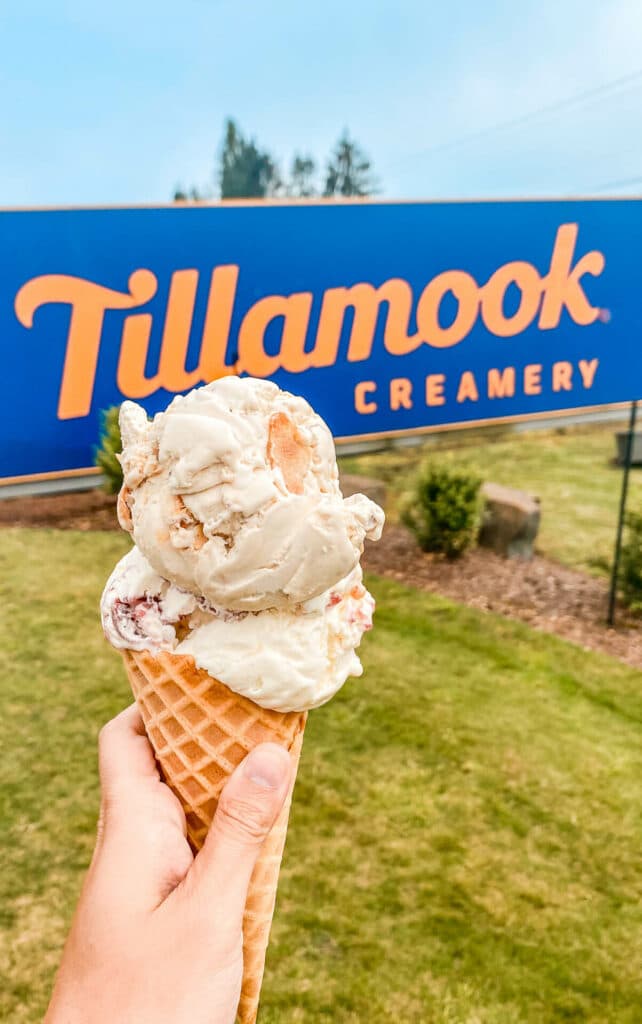 A hand holding a waffle cone with two scoops of ice cream in front of a blue Tillamook Creamery sign.