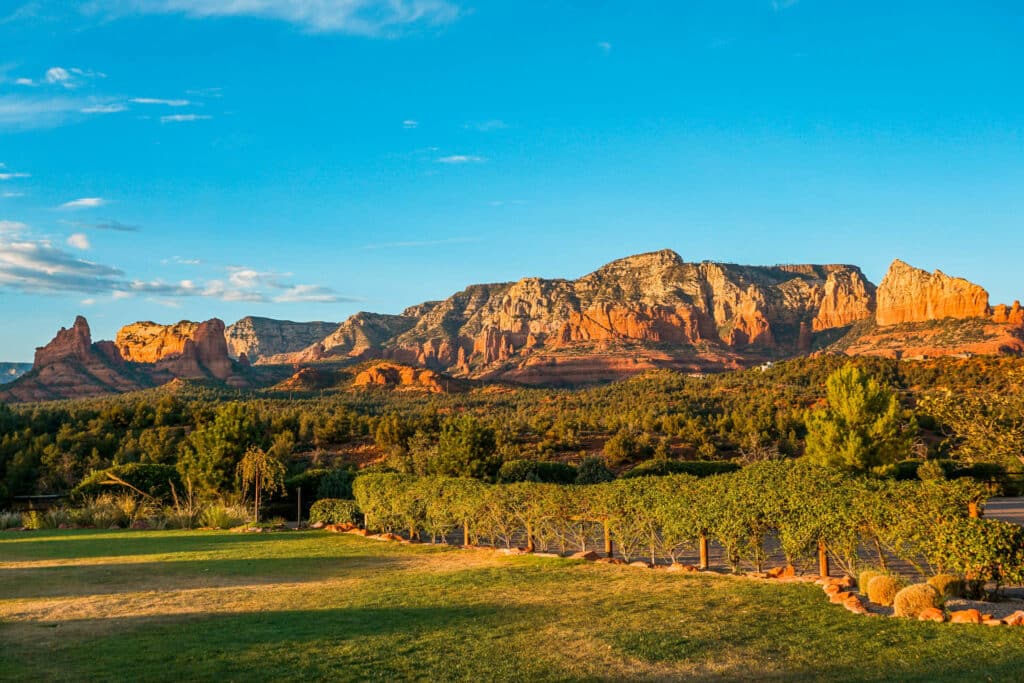 A sunset view of red rock formations from Mariposa in Sedona. 