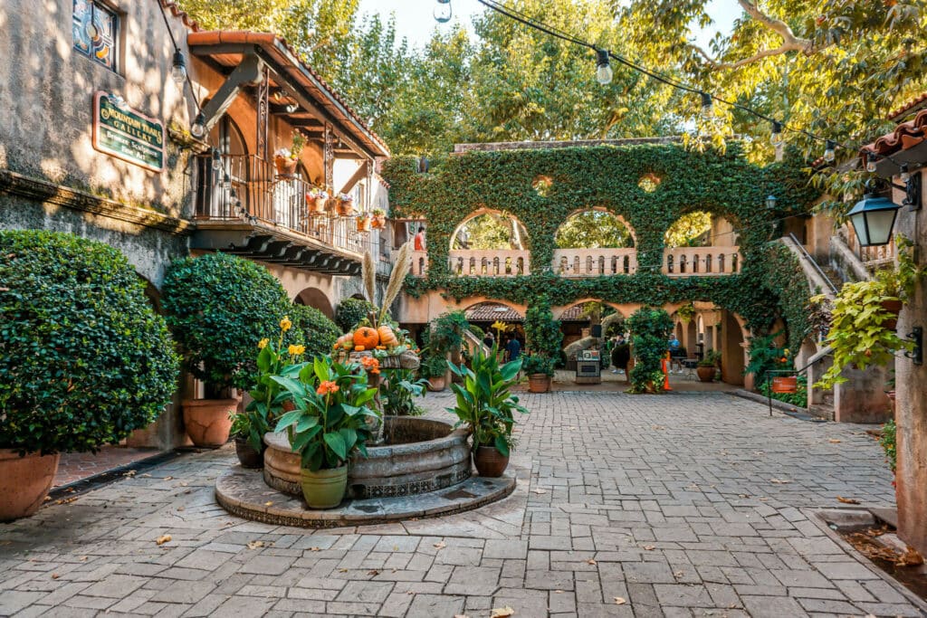 A gorgeous plaza with vine covered walls at Tlaquepaque Arts & Shopping Village.